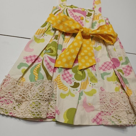 Peaches 'N Cream Girls 5 Dress BYellow Floral Lace Button Bow Tie 100% Cotton - Picture 3 of 12